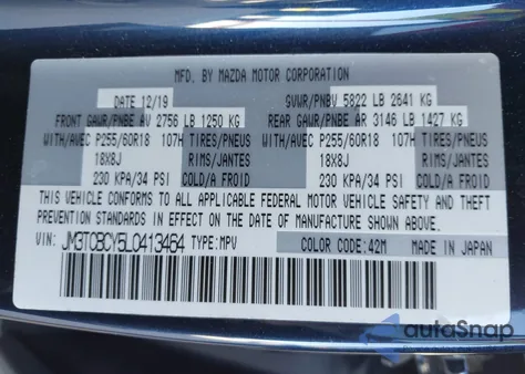 2020 Mazda Cx-9 Touring из США, поврежденный, VIN JM3TCBCY5L0413464